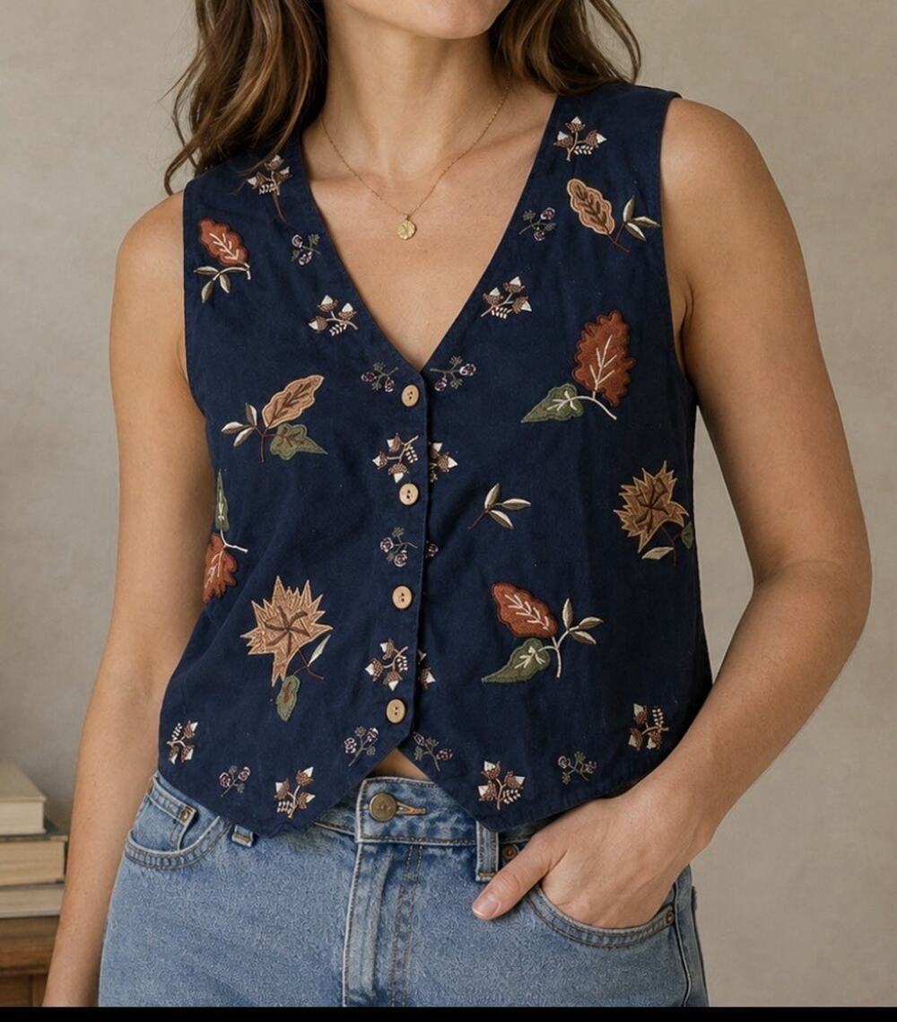 Vintage 90s Tantrums Embroidered Fall Vest Womens Large Navy Cottagecore Boho - Picture 1 of 6